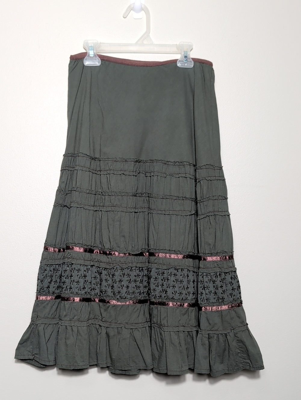 Vtg Y2K dELiA*s Green Tiered Midi Skirt with Brown Trim Forest Fairy Boho Small